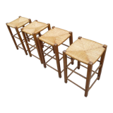 Set of 4 bar stools wood and straw