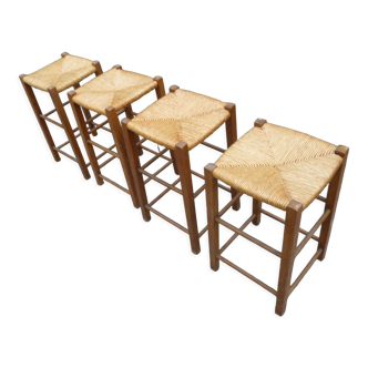 Set of 4 bar stools wood and straw