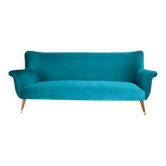 Turquoise velvet 3-seater sofa, 1960s, restored.
