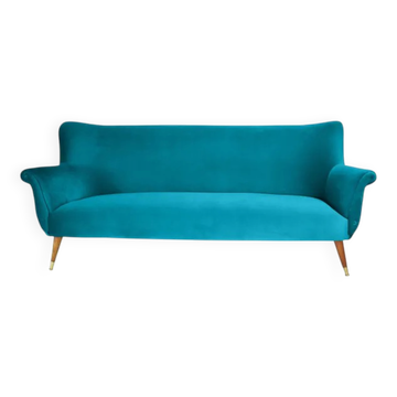 Turquoise velvet 3-seater sofa, 1960s, restored.