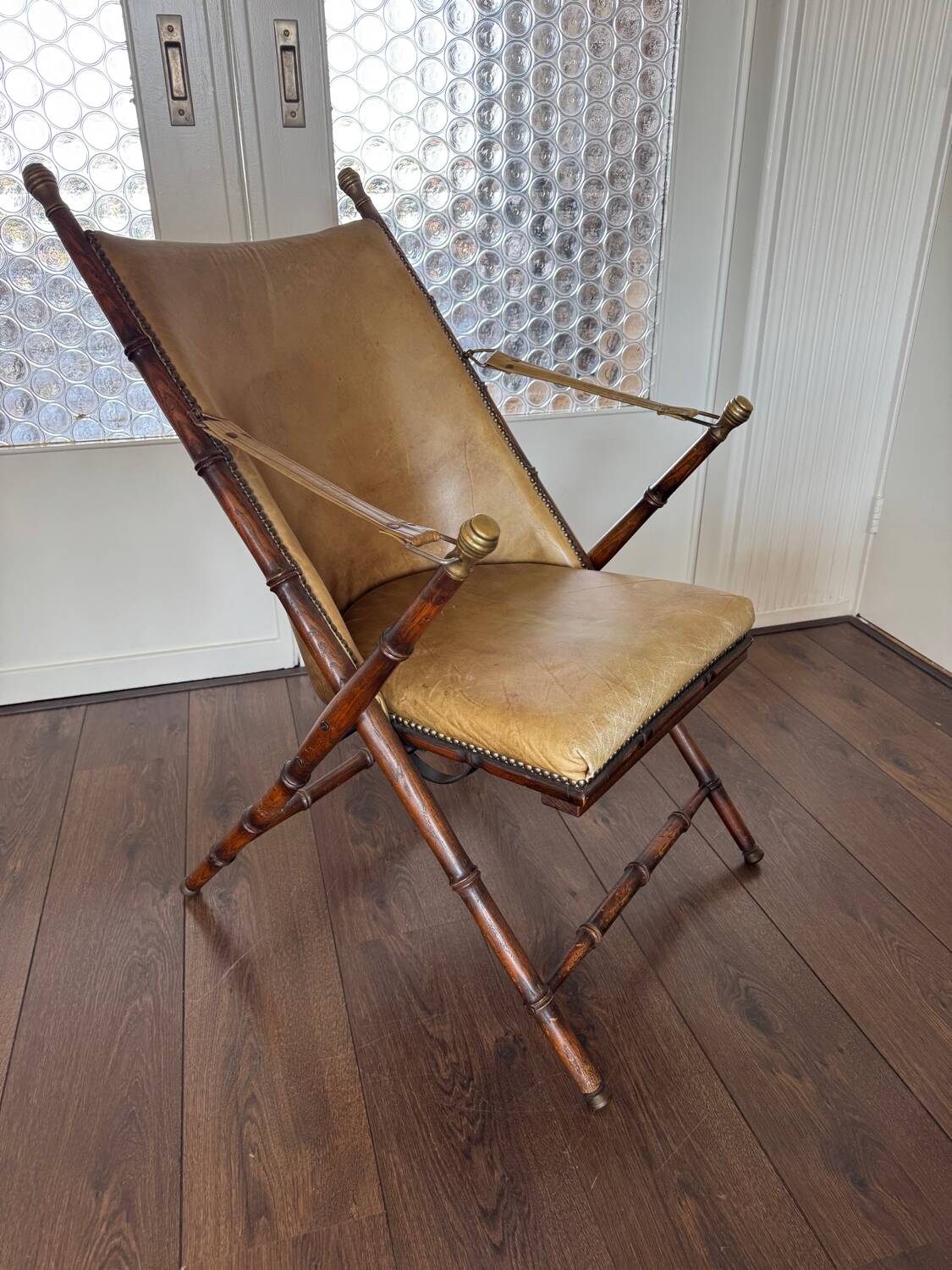 Vintage Faux bamboo, leather campaign folding chair by Maison Jansen, 1950s