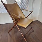 Vintage Faux bamboo, leather campaign folding chair by Maison Jansen, 1950s
