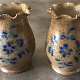 Pair of vintage pottery vases with floral decoration and glaçureau sel