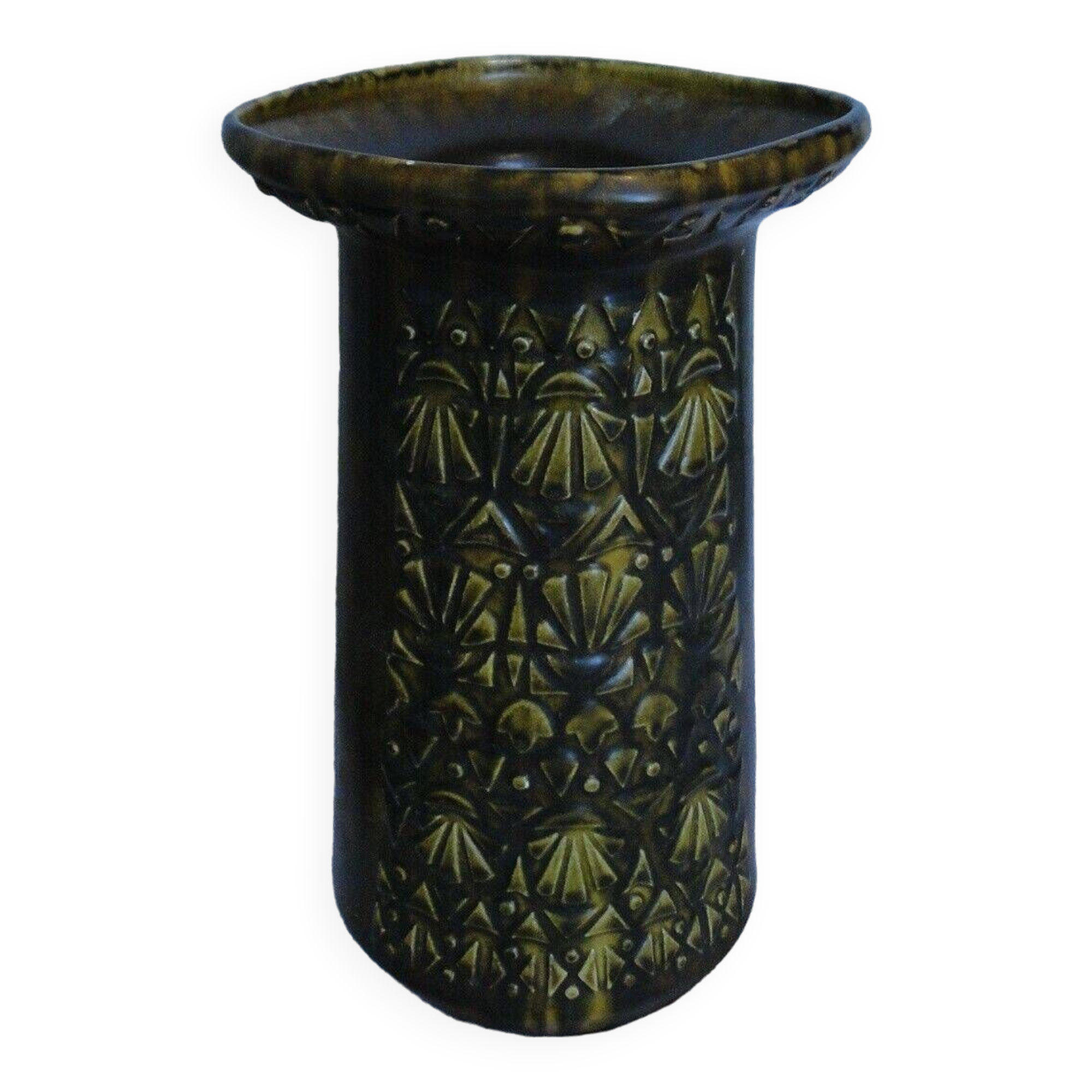 Old large vase st clement france ethnic relief decor n° 9128 60s rare