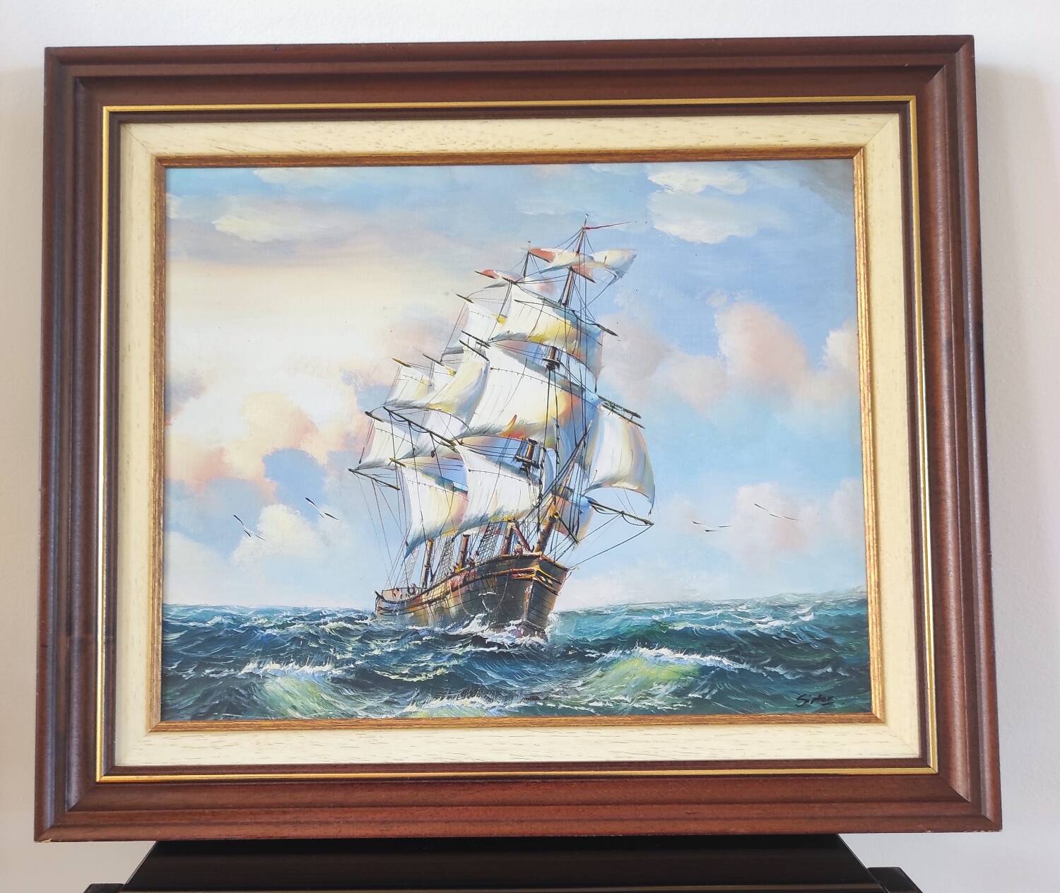 Vintage painting on canvas "Marine / Sailboat" signed Simon