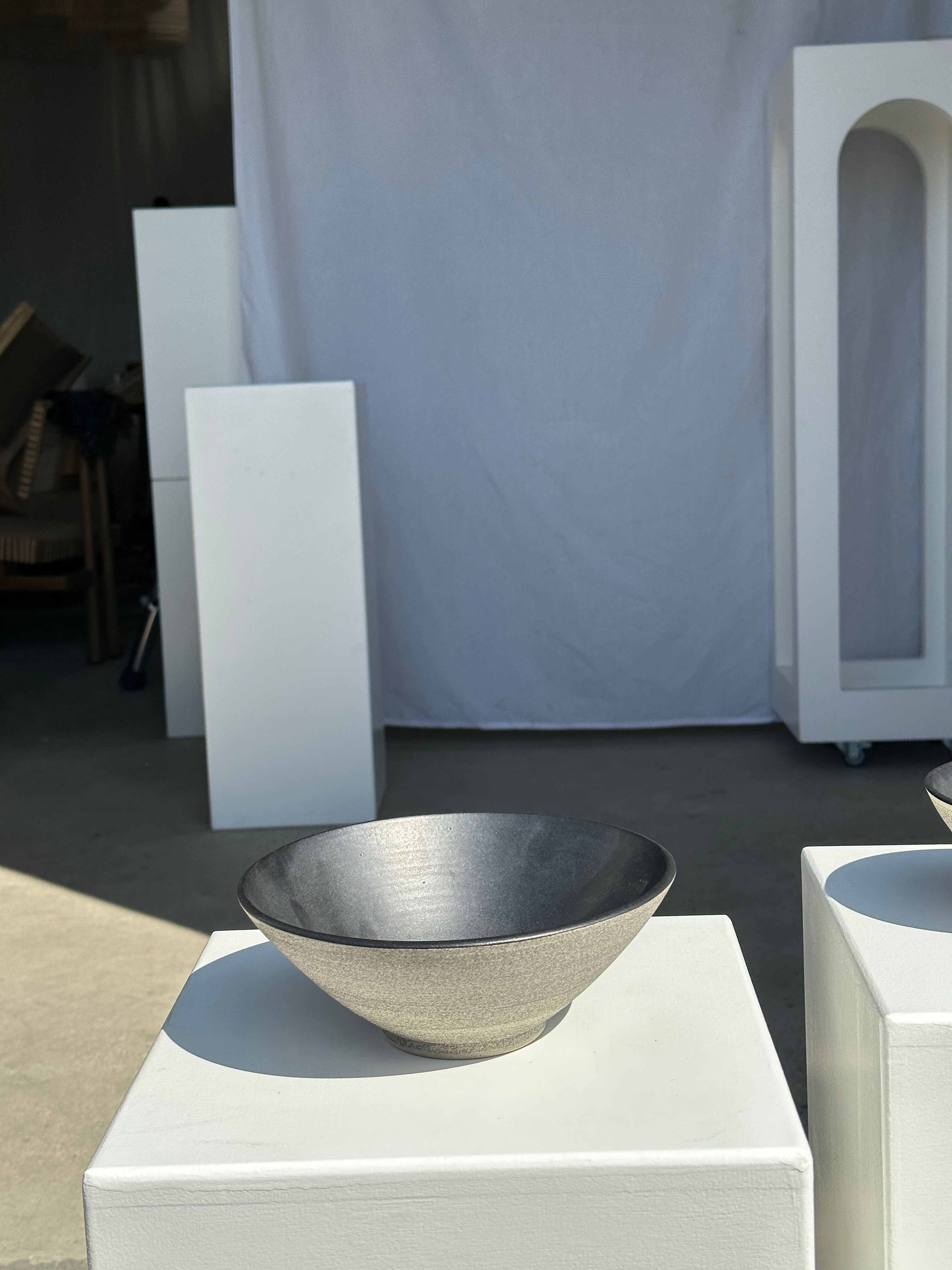 Duo of gray Indonesian ceramic bowls or salad bowls