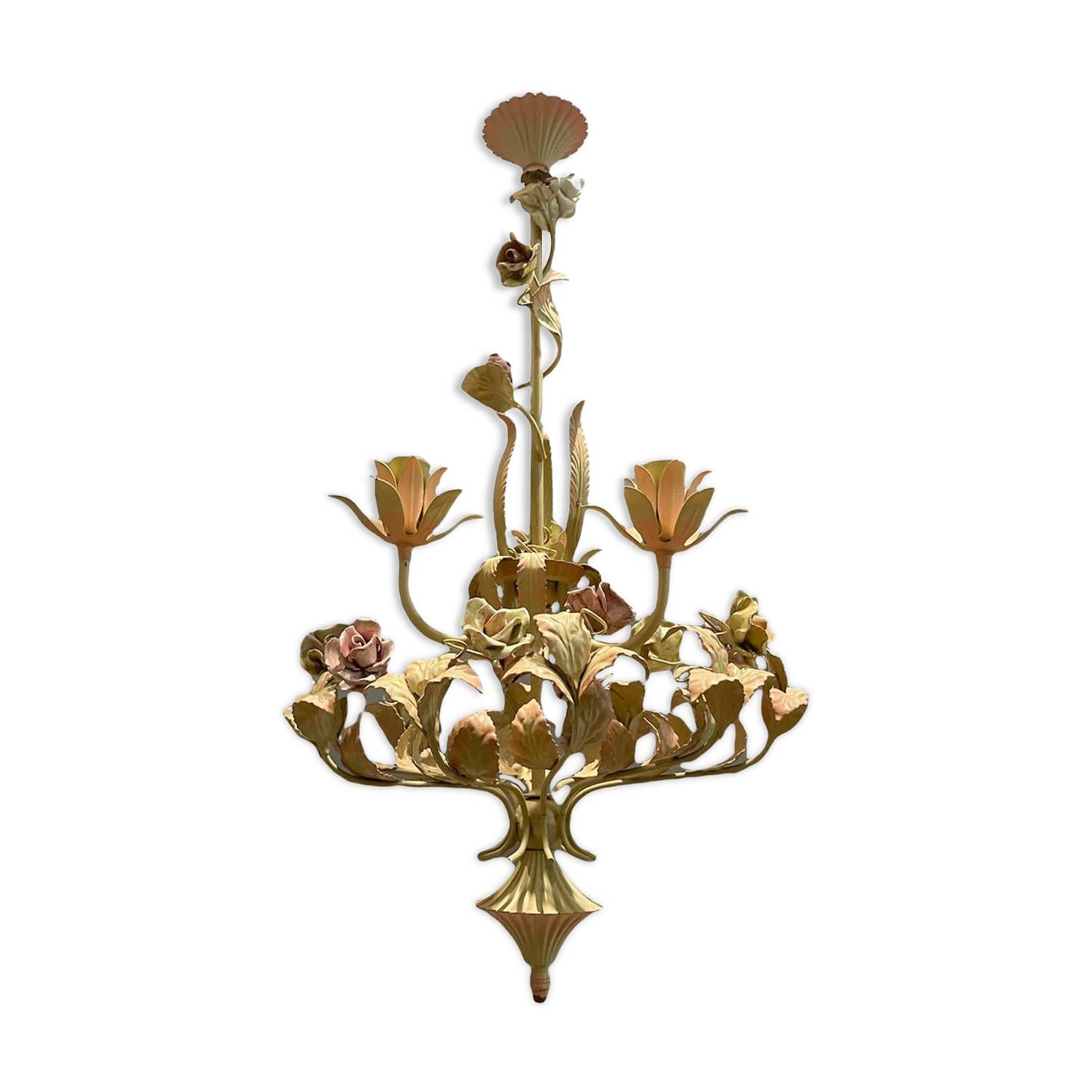 Italian Tole and Ceramic Rose Chandelier
