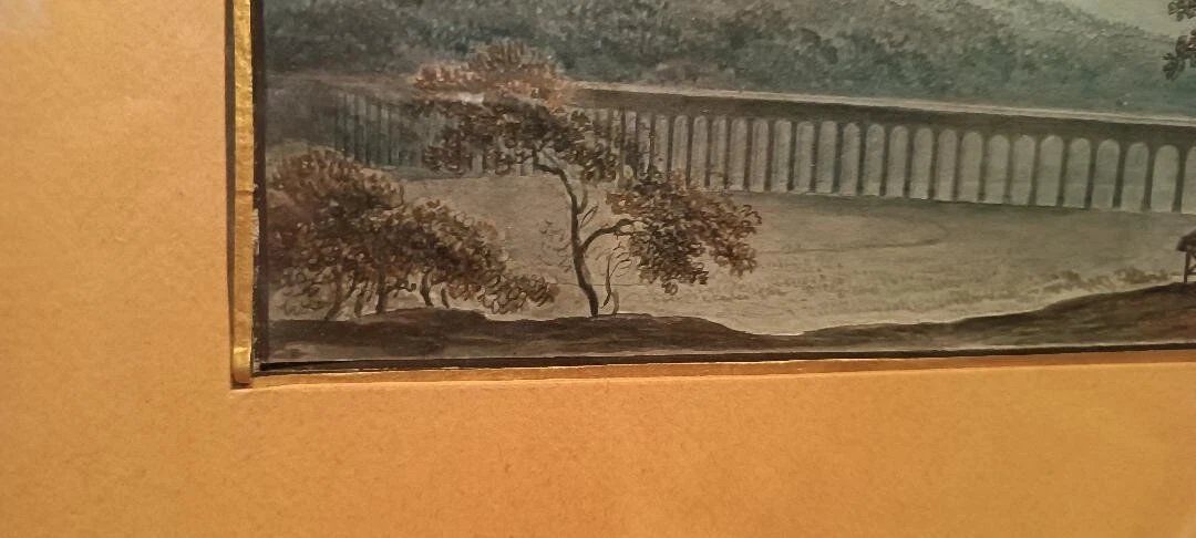 Old watercolour on paper from the early 19th century - nocturnal landscape with aqueduct and bridge