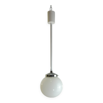 Vintage 70s pendant lamp in white opaline glass, 20 cm globe, chrome, light