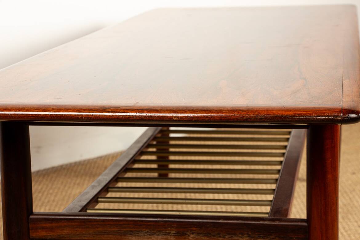 Rosewood and metal tube coffee table, two levels, Denmark 1960.