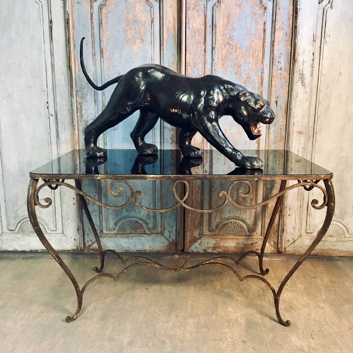 French Art Deco Wrought Iron Dining Table with Black Colored Glass, 1930s