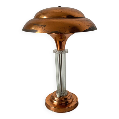 Lampe à poser champignon en verre et cuivre art déco