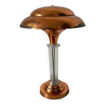 Lampe à poser champignon en verre et cuivre art déco