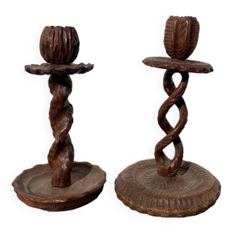 Duo of brutalist folk art wooden candlesticks