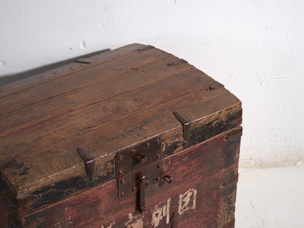 Antique iron-reinforced pine wood chest – China, circa 1900