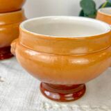 5 vintage Emile Henry lion's head onion soup bowls in ceramic - honey/brown gradient, made in France - traditional elegance