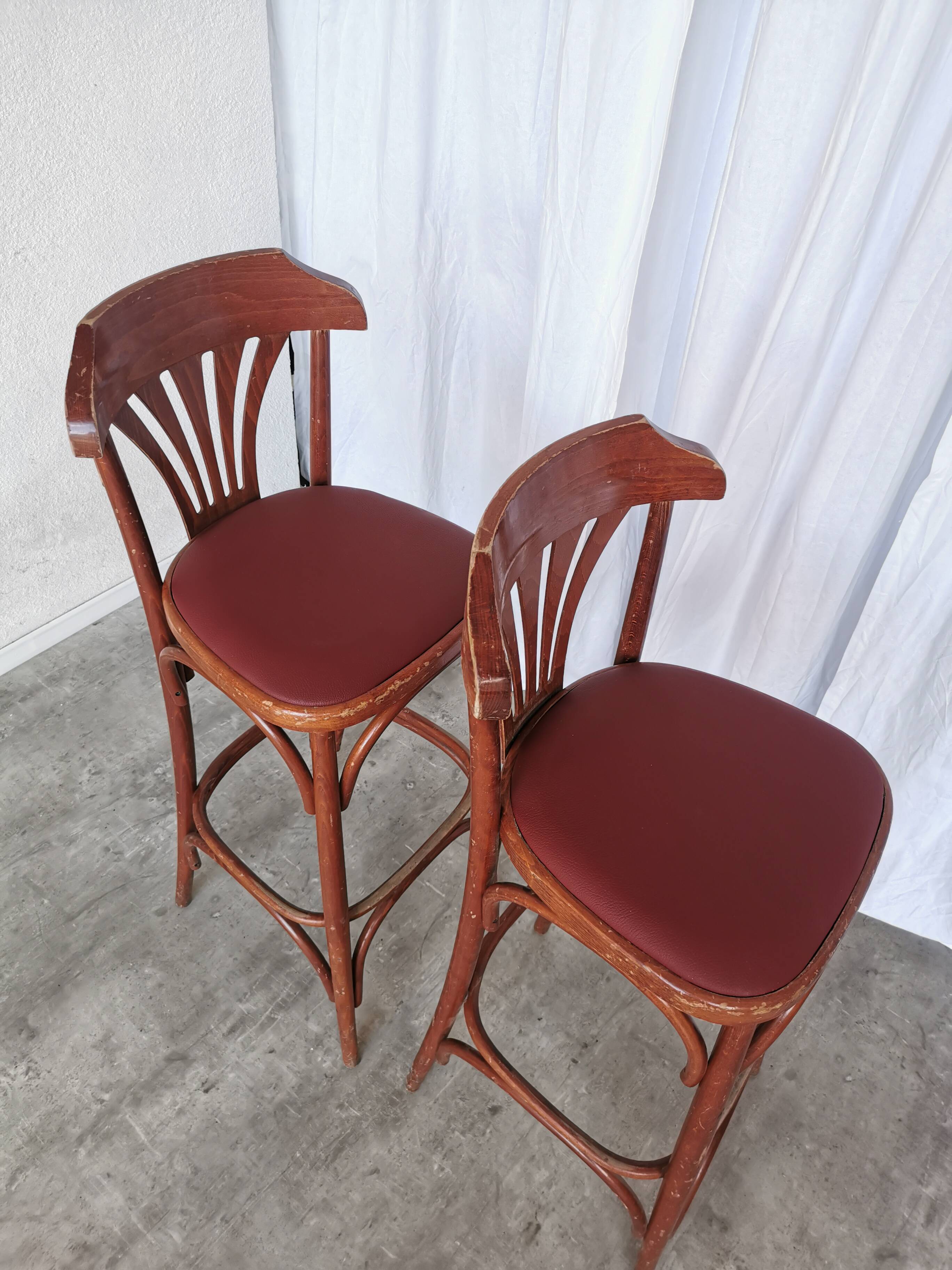 Mid-Century Thonet Style Bar Stools: Red Faux Leather Seat, Set of 2