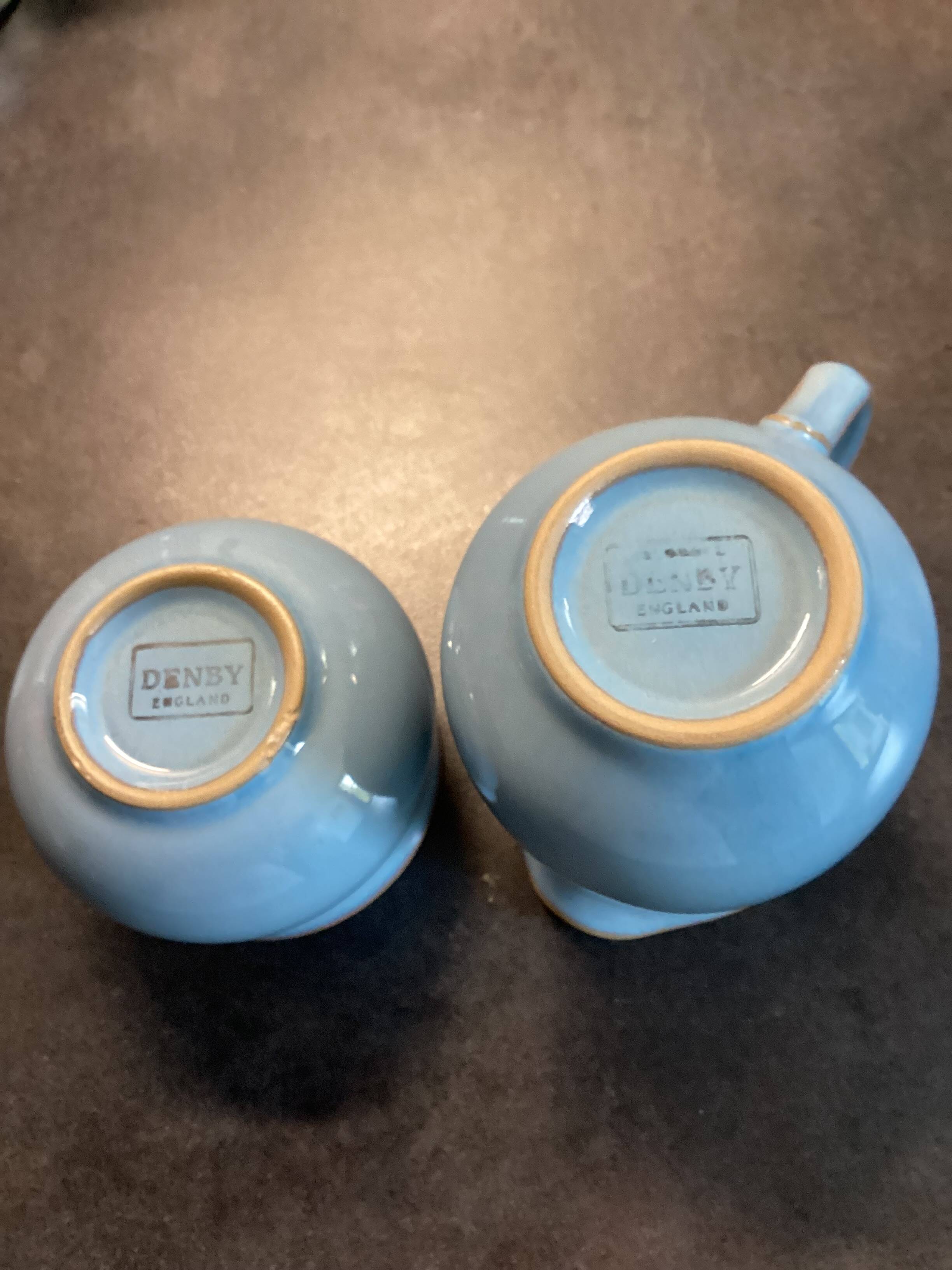 Cruchon à lait / Crémier et bol à sucre en grès bleu Denby
