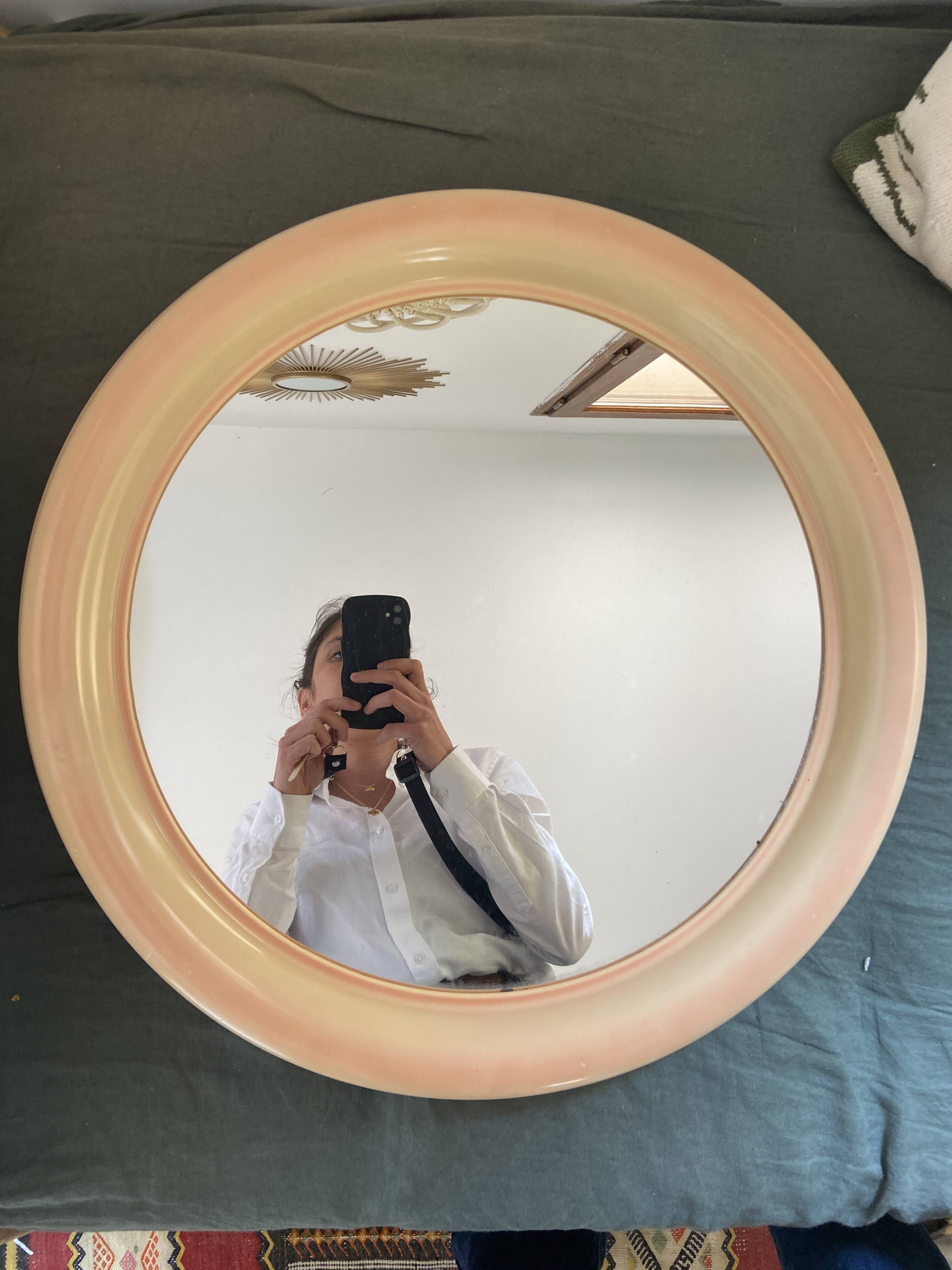 Round Beige and Coral Plastic Wall Mirror from the 70s-80s
