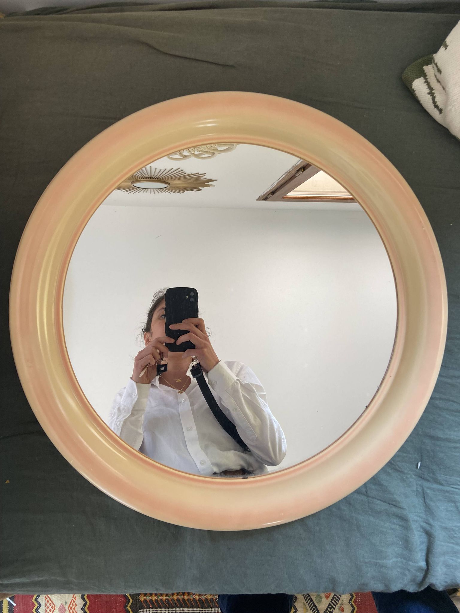 Round Beige and Coral Plastic Wall Mirror from the 70s-80s