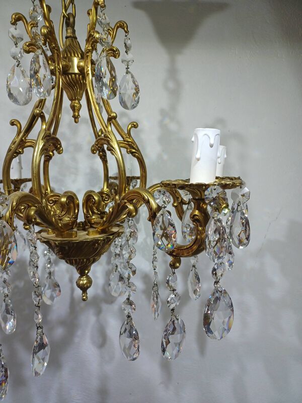 Lustre cage 6 lumières bronze et cristal