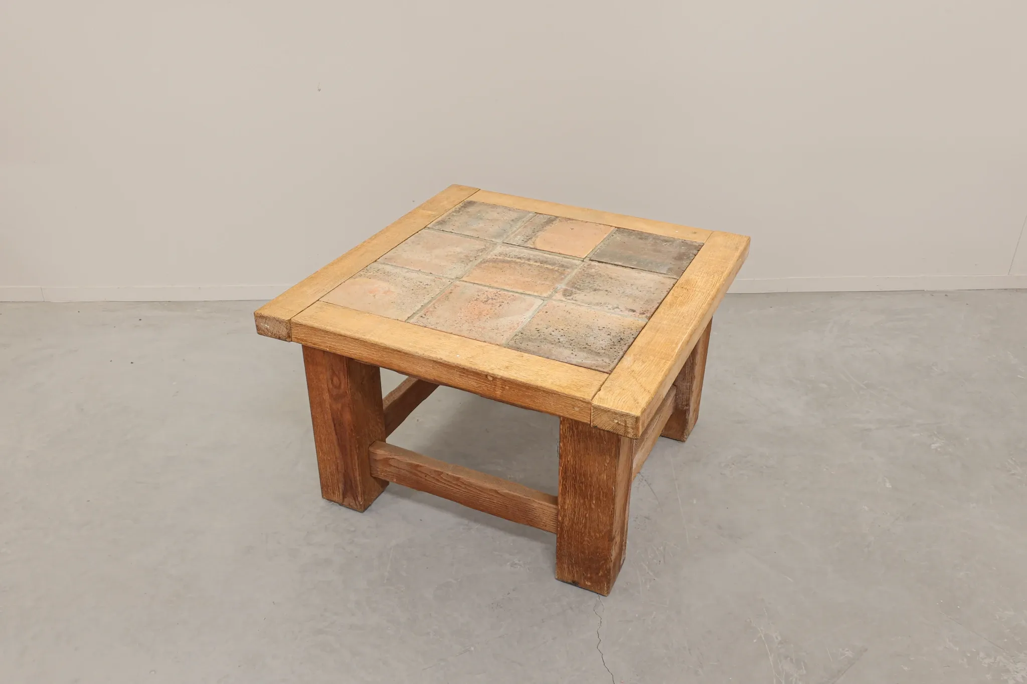 Brutalist Oak Coffee Table with Red Terracotta Tiles, 1950s