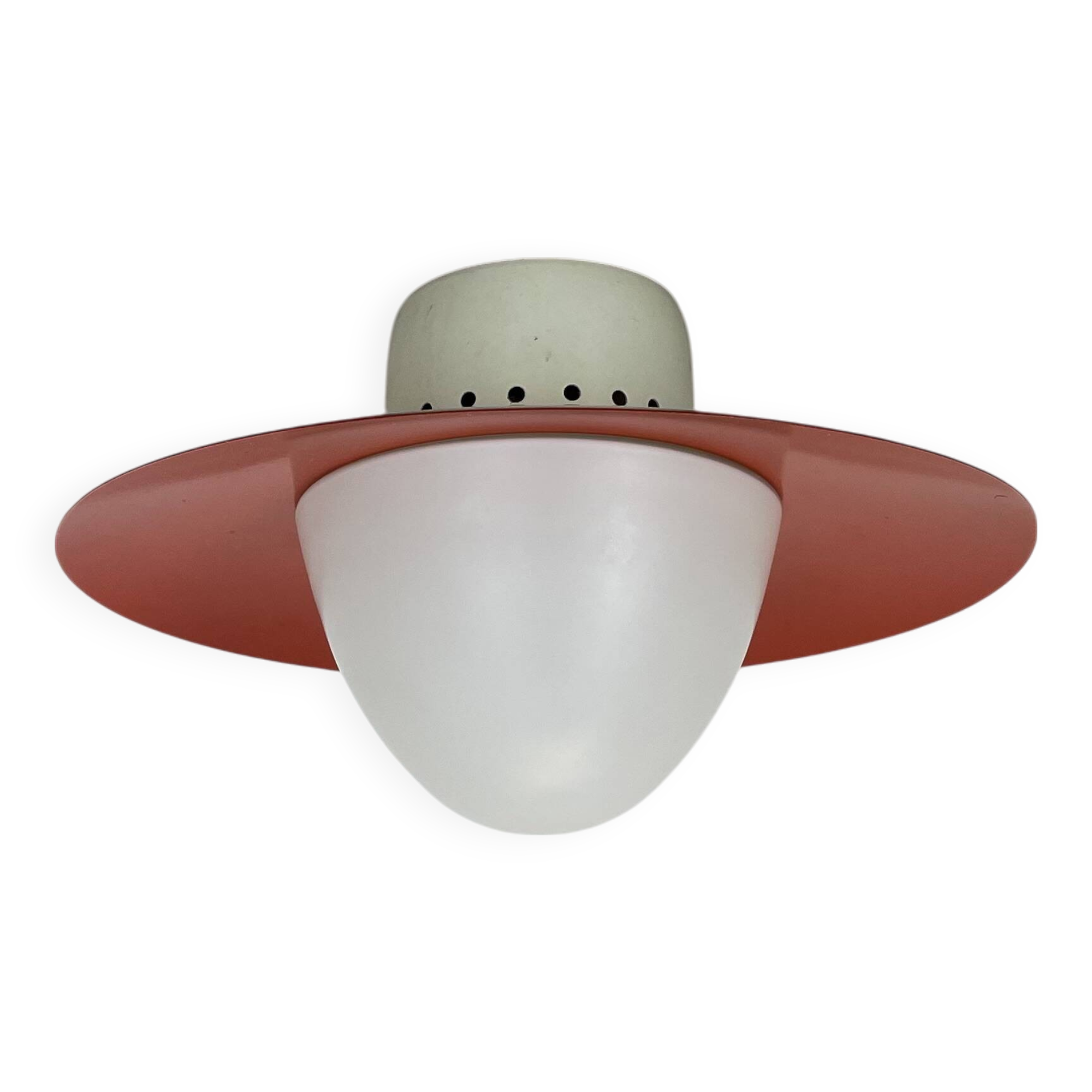 Round red wall light in metal and opaline glass in the Stilnovo style, 20 cm, Italy, 1960s