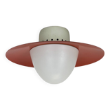 Round red wall light in metal and opaline glass in the Stilnovo style, 20 cm, Italy, 1960s