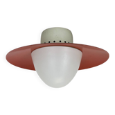Round red wall light in metal and opaline glass in the Stilnovo style, 20 cm, Italy, 1960s