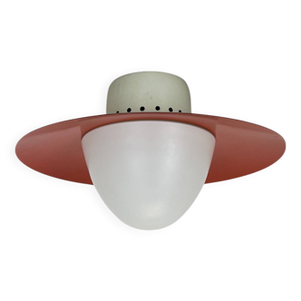 Round red wall light in metal and opaline glass in the Stilnovo style, 20 cm, Italy, 1960s