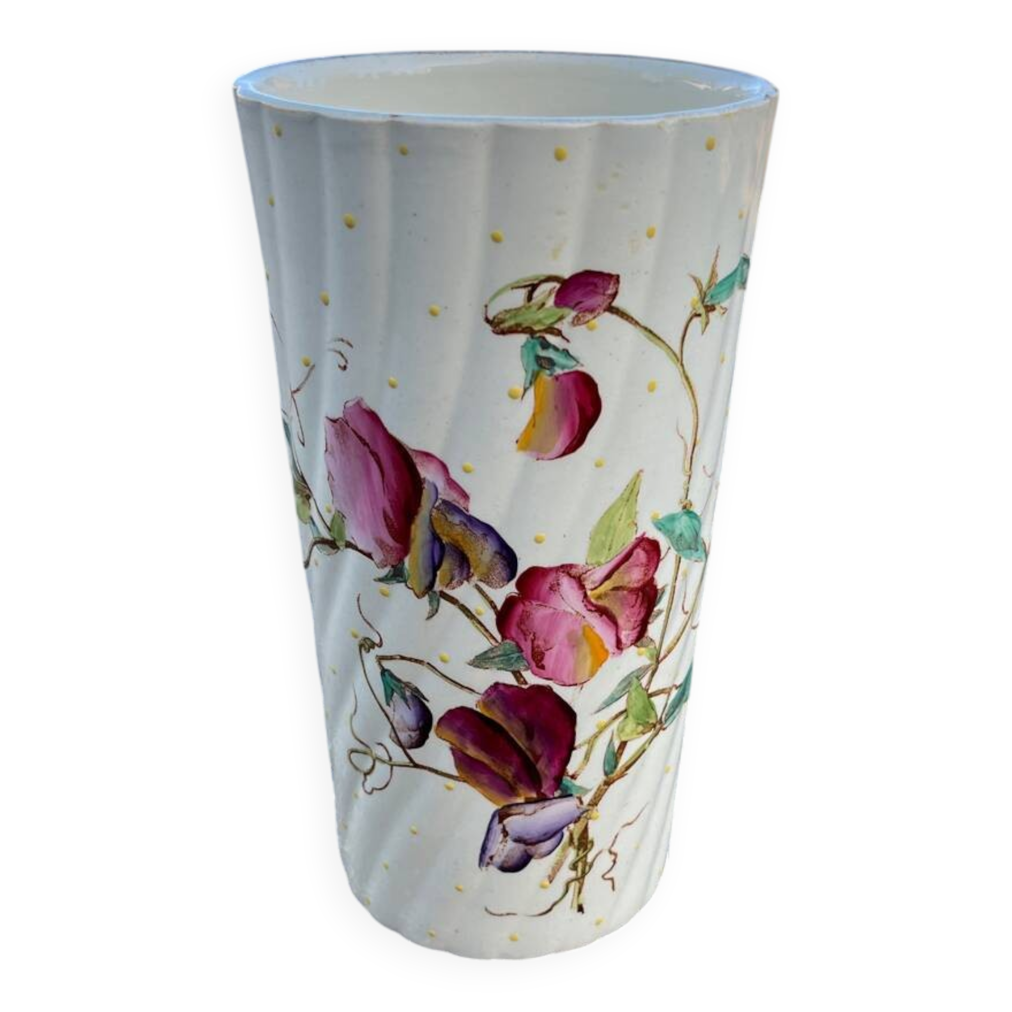 Antique twisted earthenware vase circa 1920, decorated with flowers