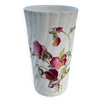 Antique twisted earthenware vase circa 1920, decorated with flowers