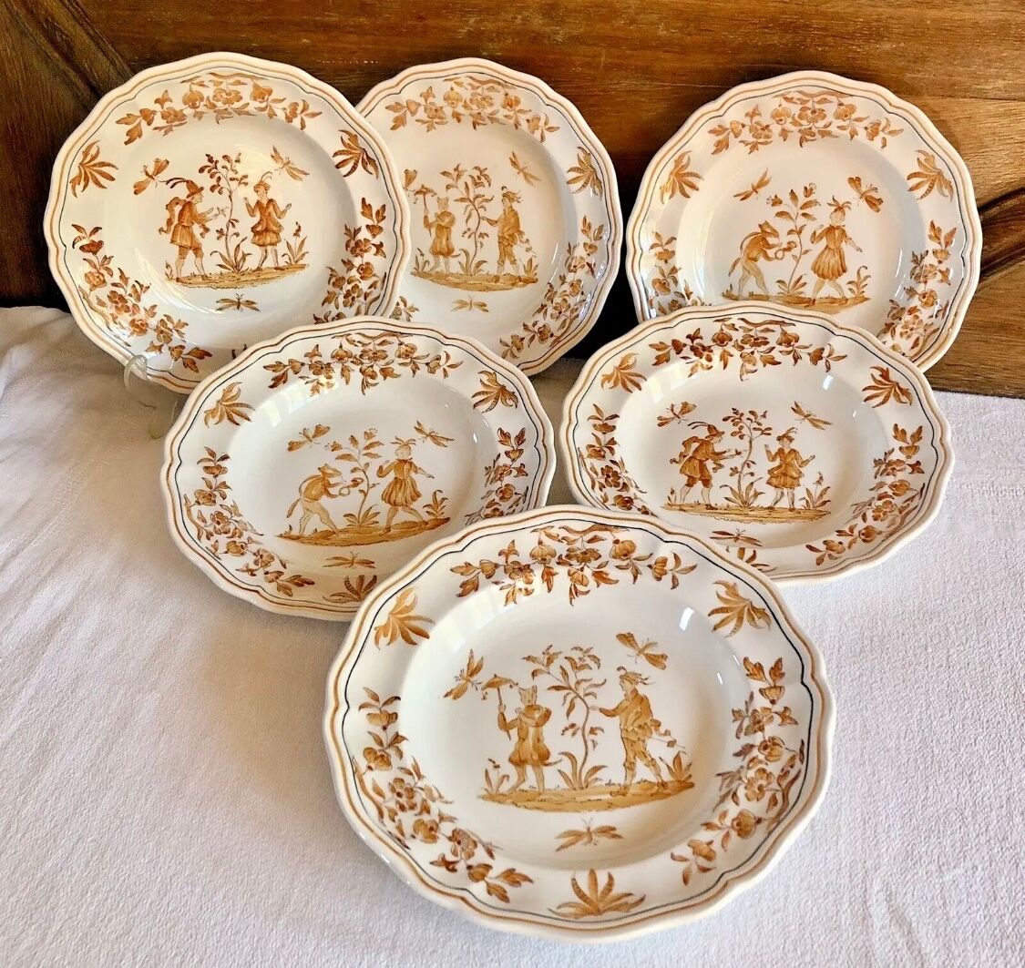 6 Longchamp soup plates Moustier Olérys decor