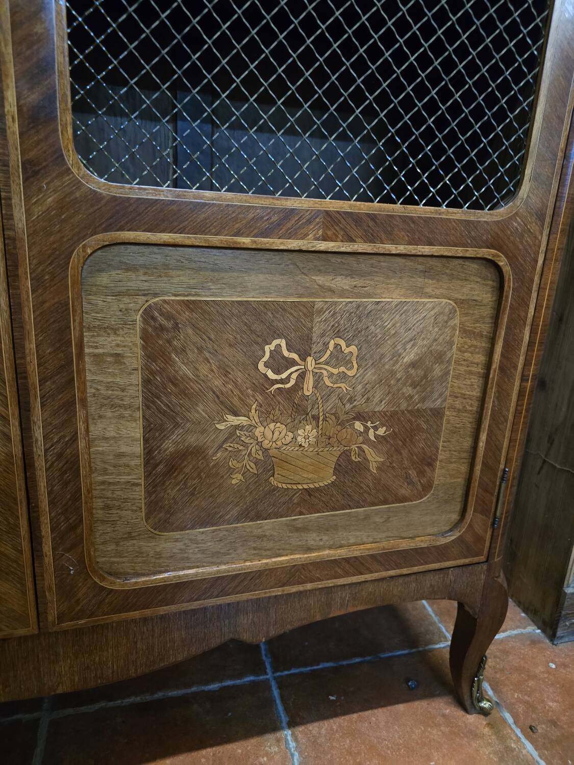 Marquetry bookcase with marble top