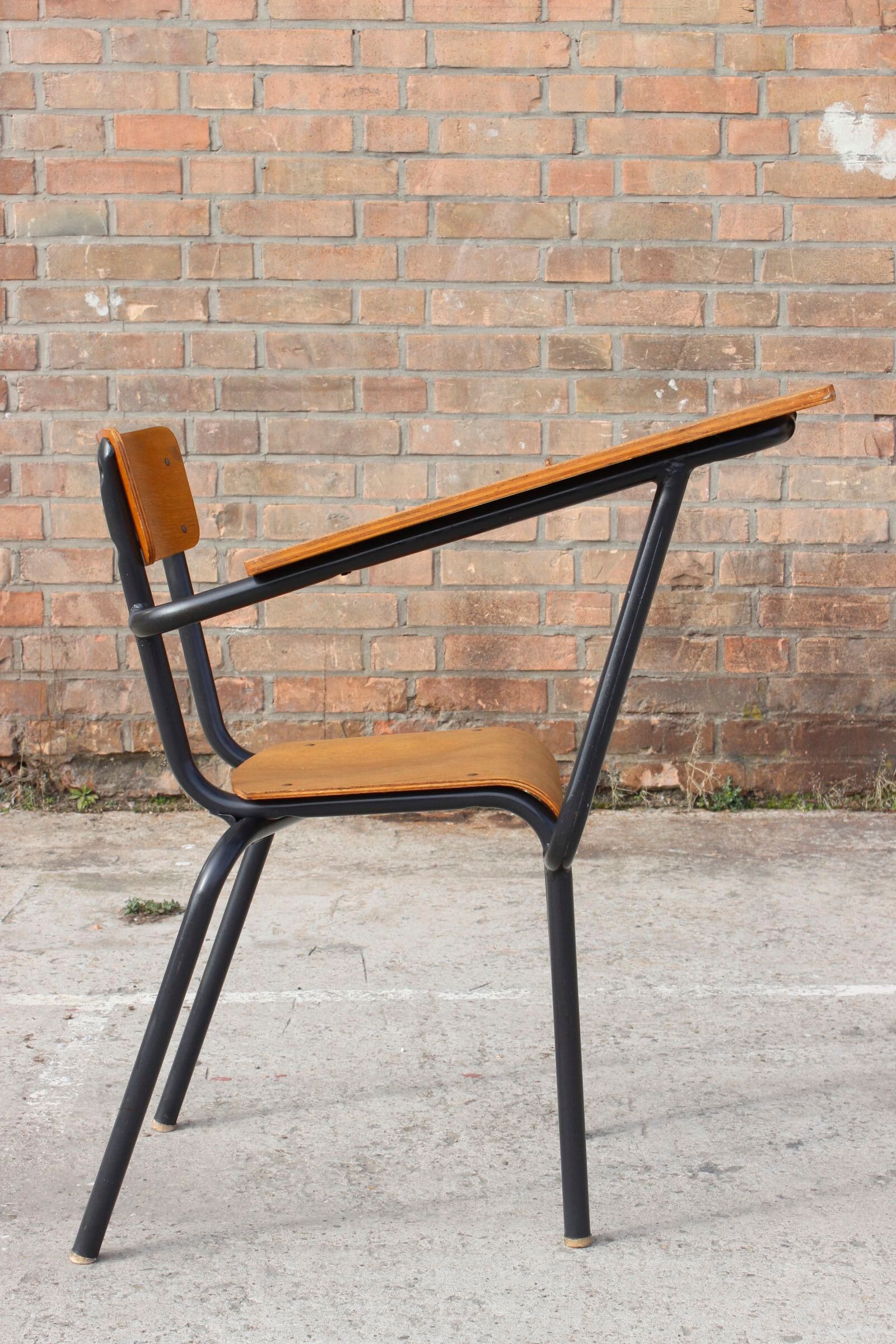 Student desk chair in steel & wood, France 1950s