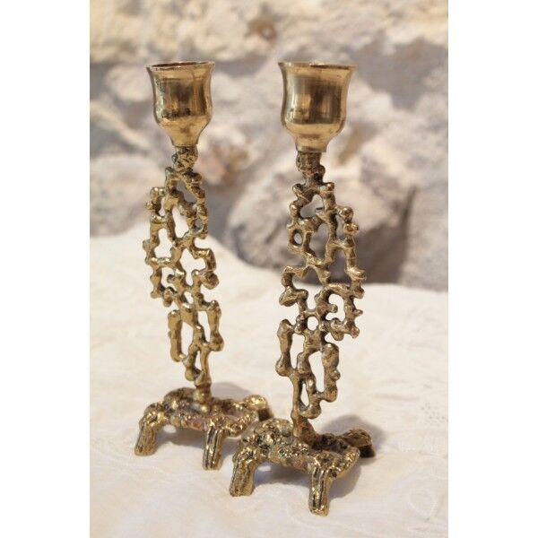Pair of gilded bronze candlestick holders in brutalist style from around 1970.