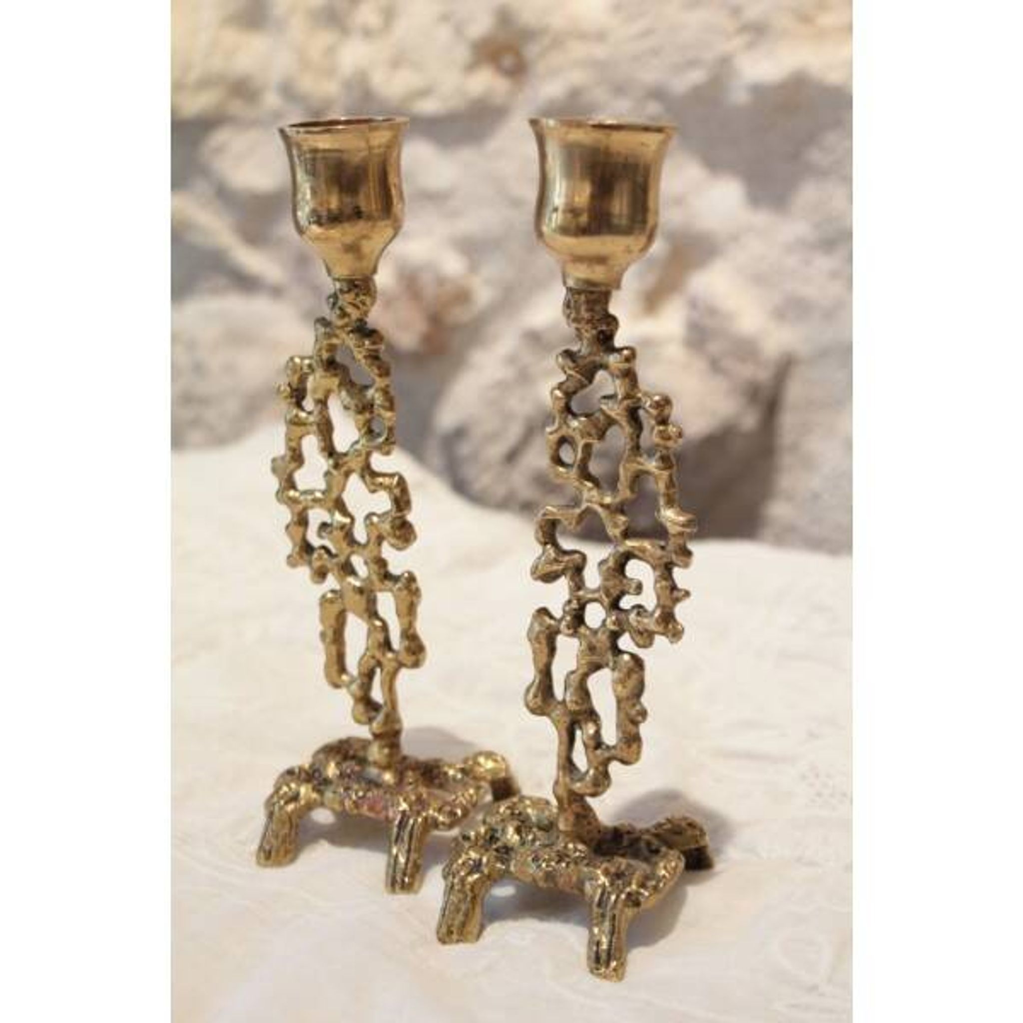 Pair of gilded bronze candlestick holders in brutalist style from around 1970.