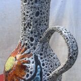 Fat Lava Sea Foam Style Vase - Vallauris Style, Red Flower Pattern