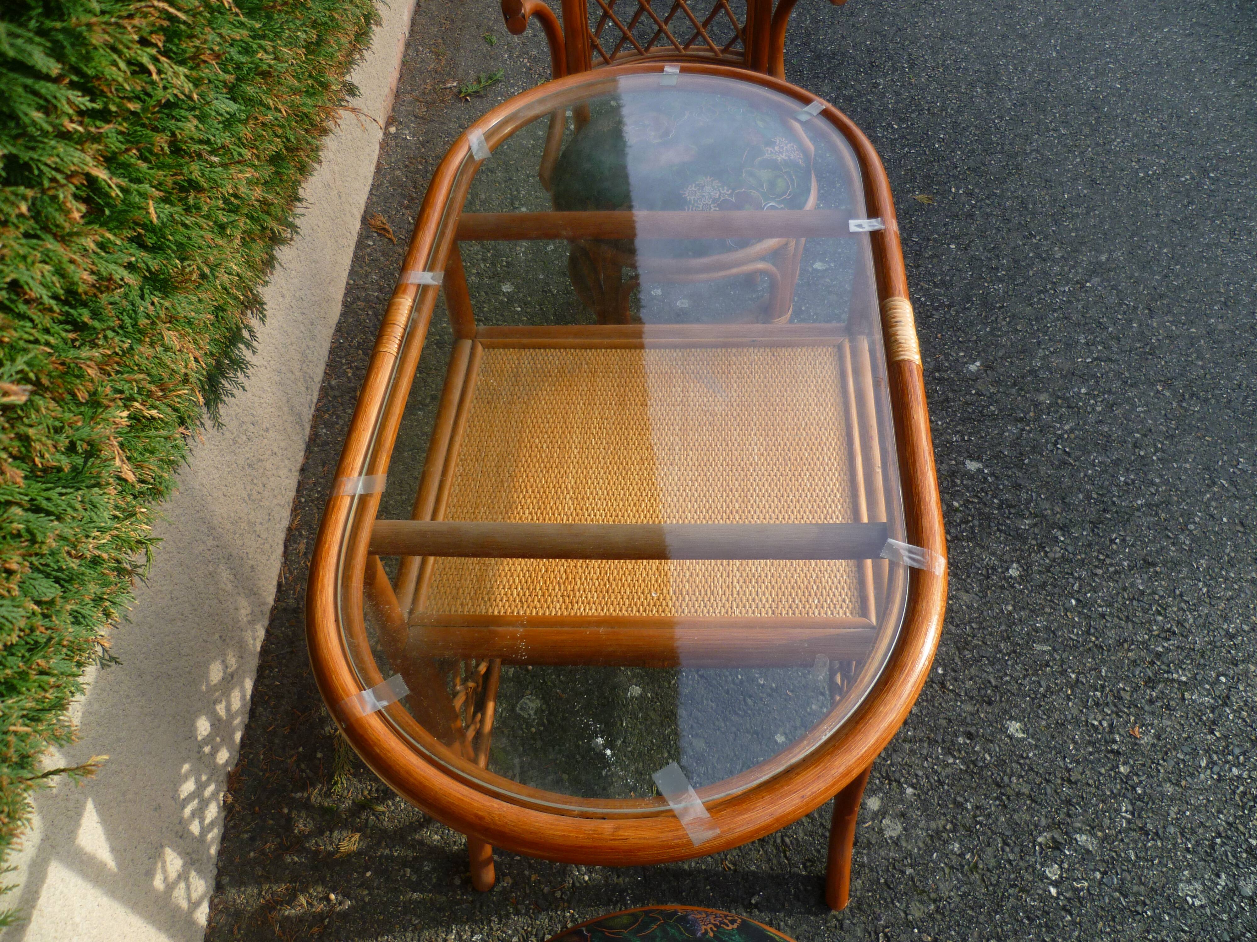 Rattan set table + 2 vintage armchairs 1980