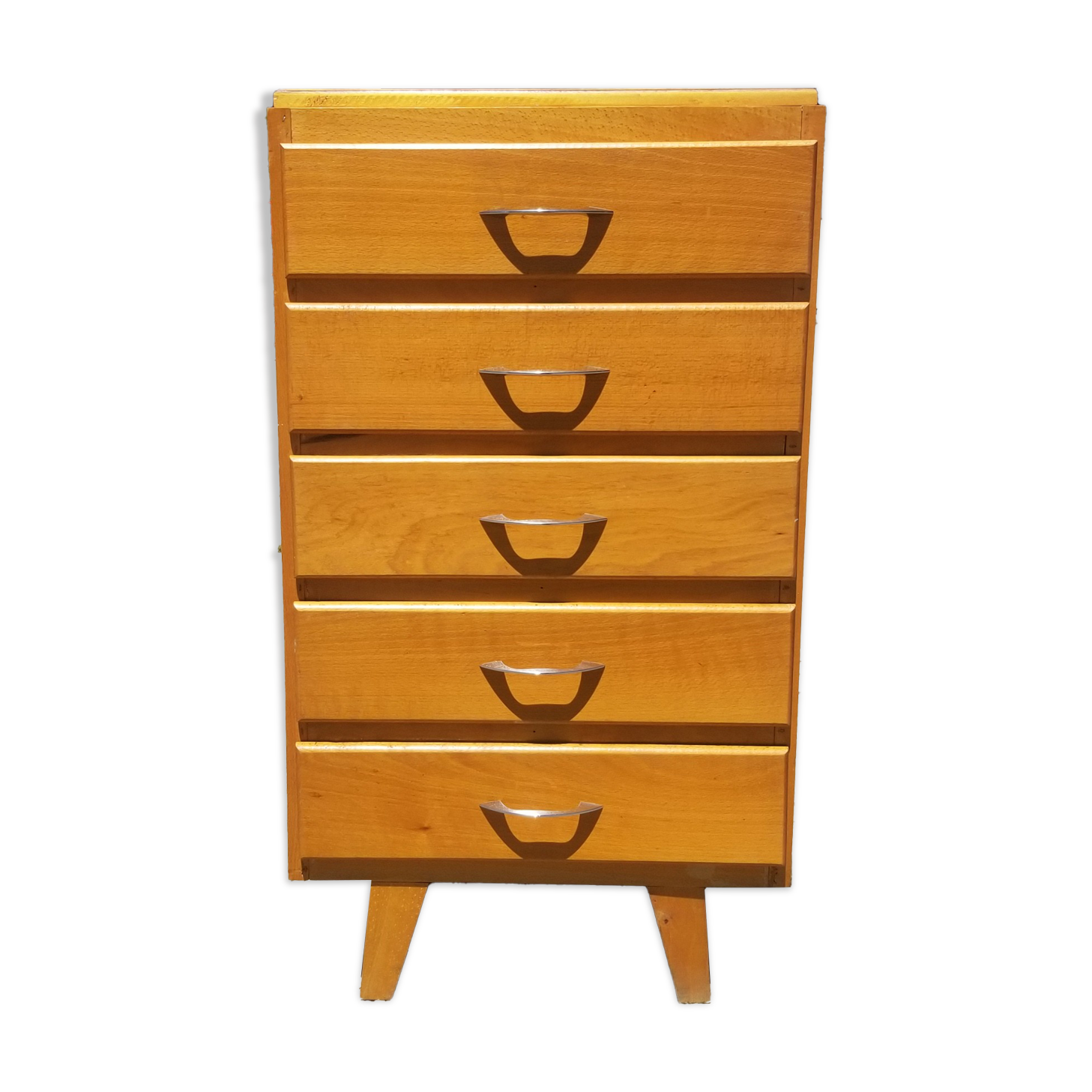 Chiffonnier vintage 5 tiroirs en bois blond - années 60
