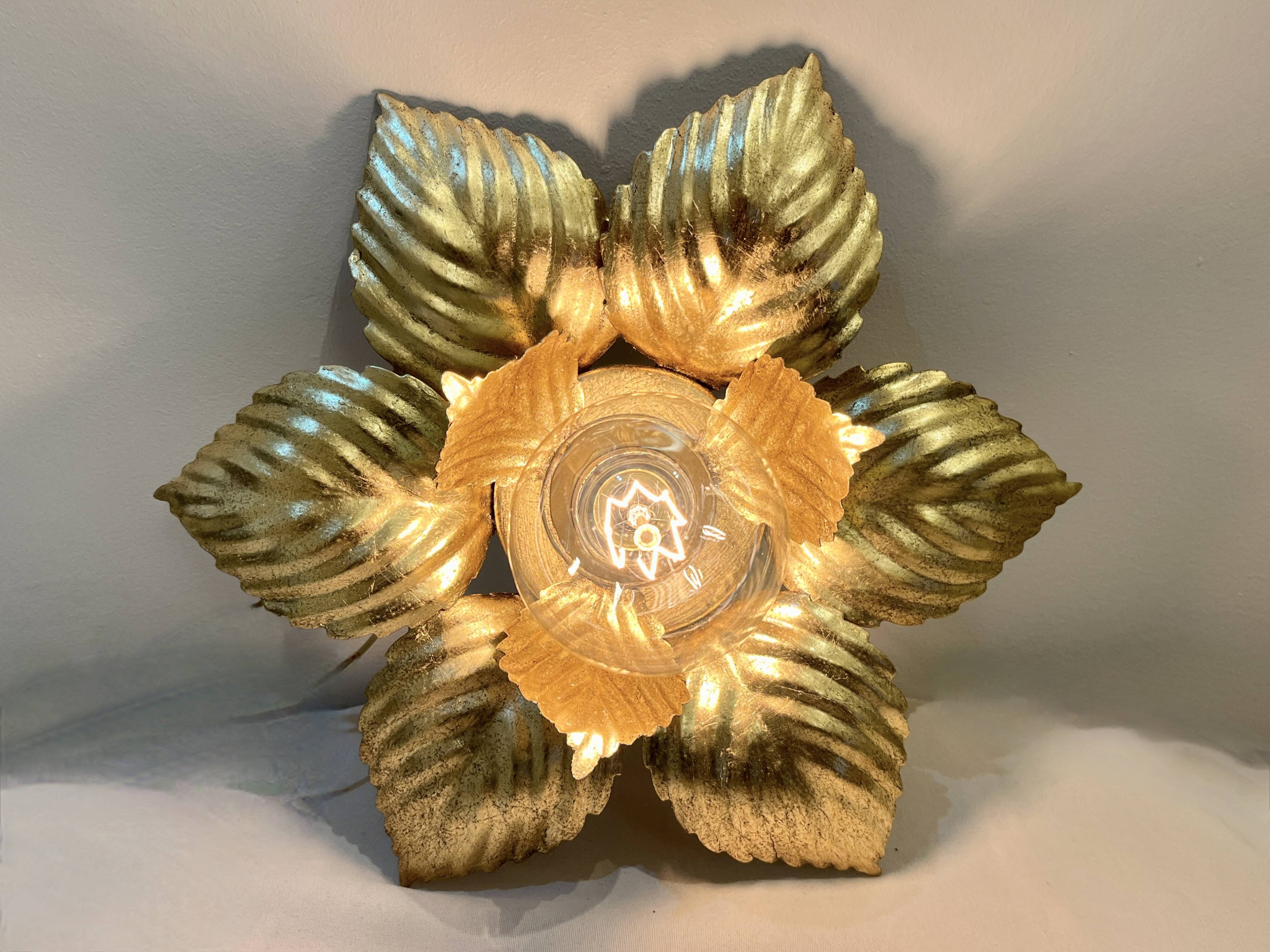 Masca 1970s 1980s Hollywood Regency Gold Leaf Metal Flower Wall Sconce