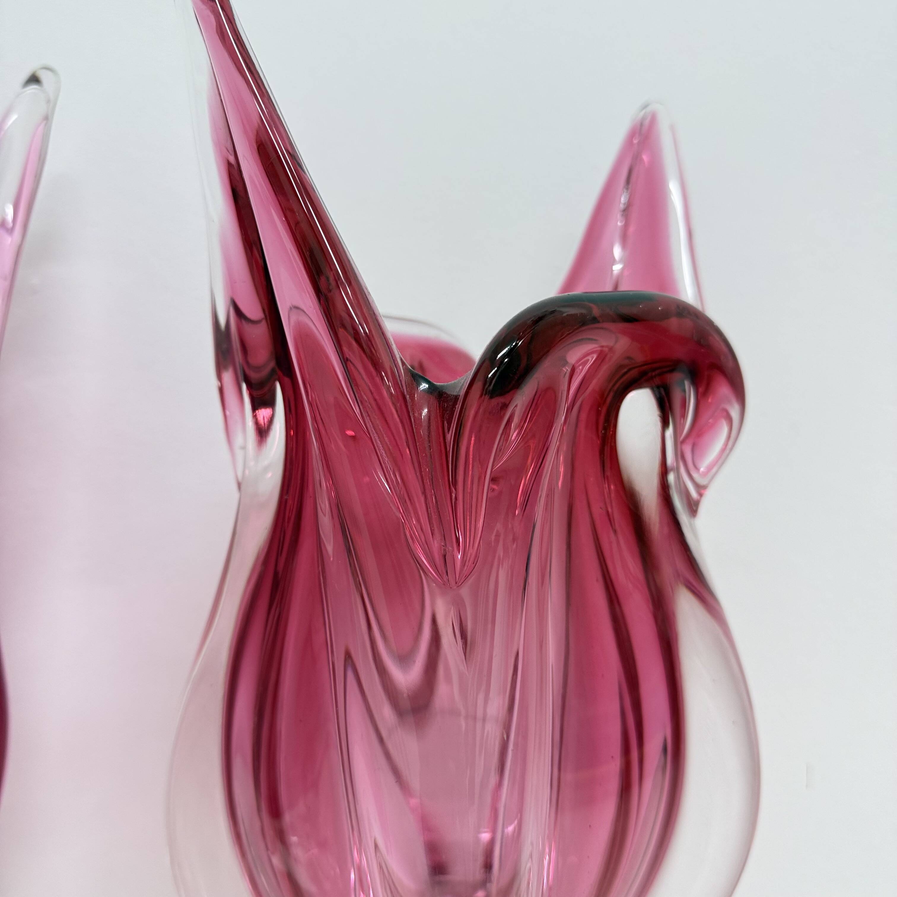 Pair of pink murano glass hand made vases , 1970’s Italy