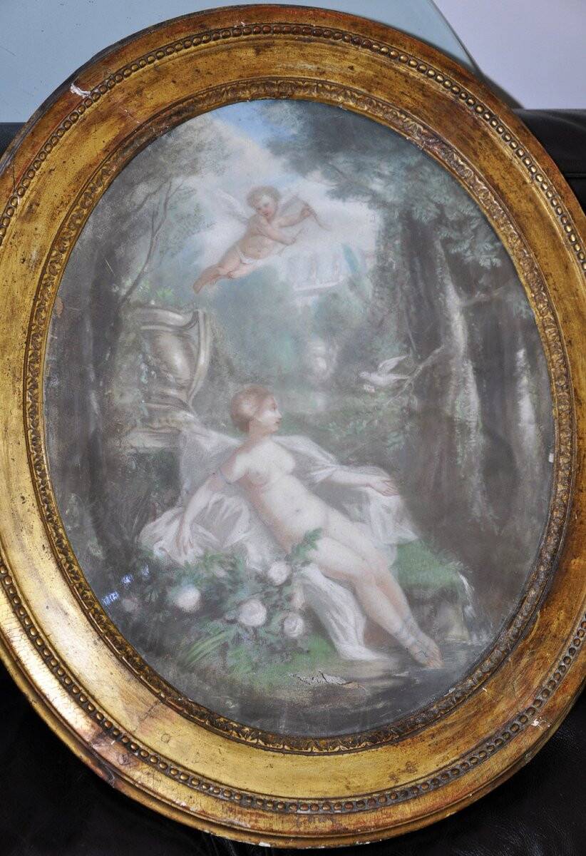 18th century oval pastel on canvas paper, country scene
