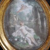 18th century oval pastel on canvas paper, country scene