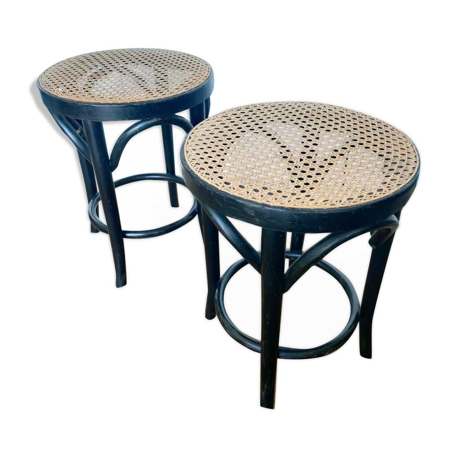 Pair of low curved wood stool and cannage