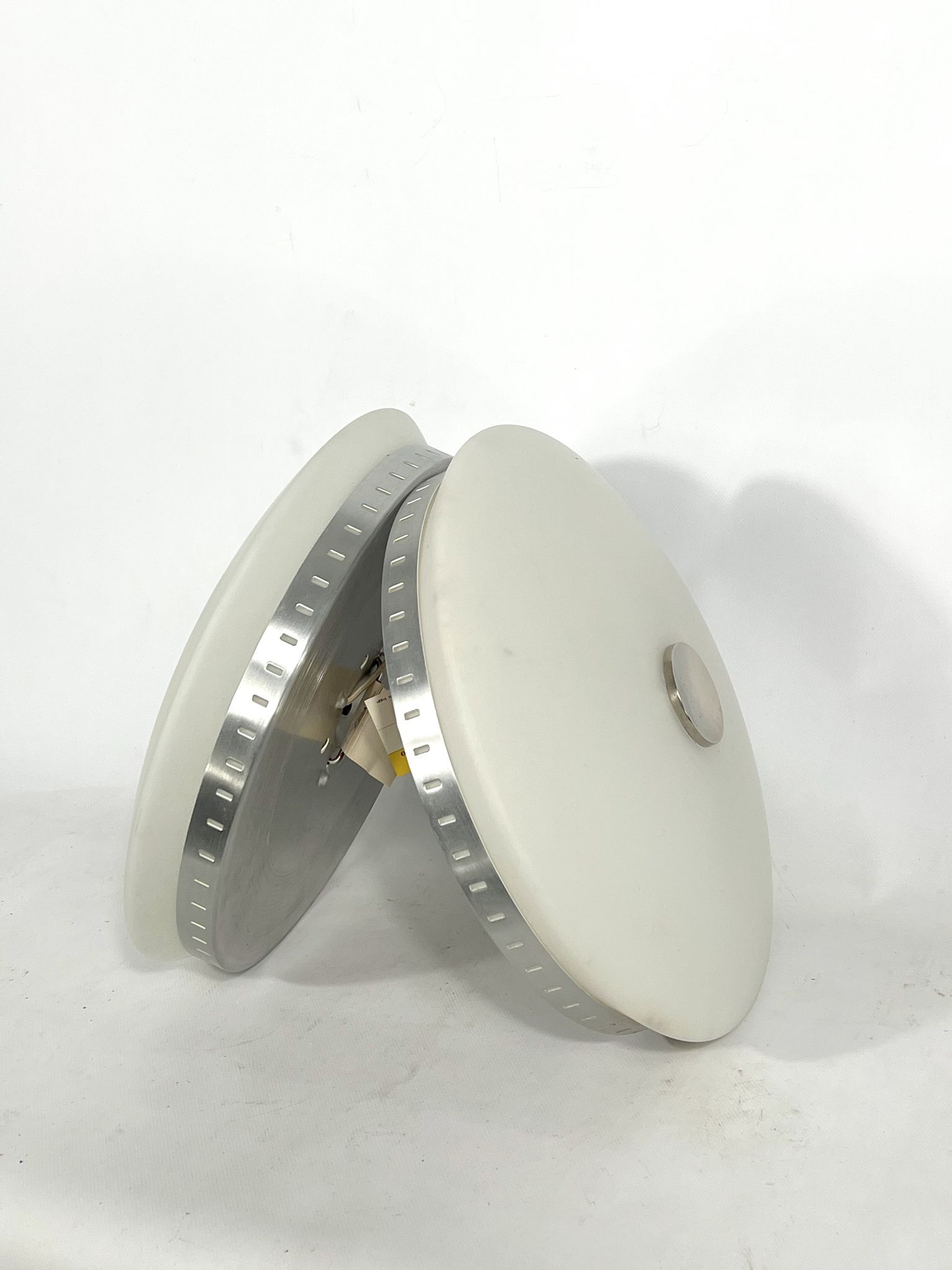 Stilux Milano, pair of round opaline glass ceiling lamps. 1960s