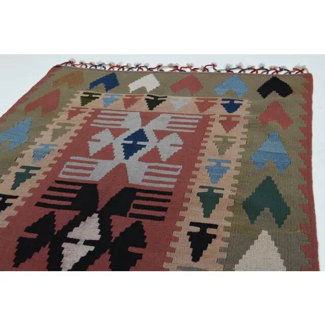 1970s Vintage Turkish Oushak Handmade Wool Cotton Green Runner Rug 107x175
