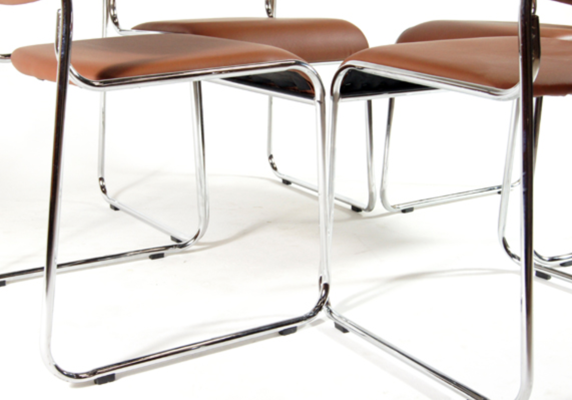 Set of 4 modern vintage Danish retro dining chairs in chrome and faux leather 60s 70s
