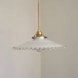 Vintage French White Opaline Glass Pendant Light Clear Glass Edge 5407