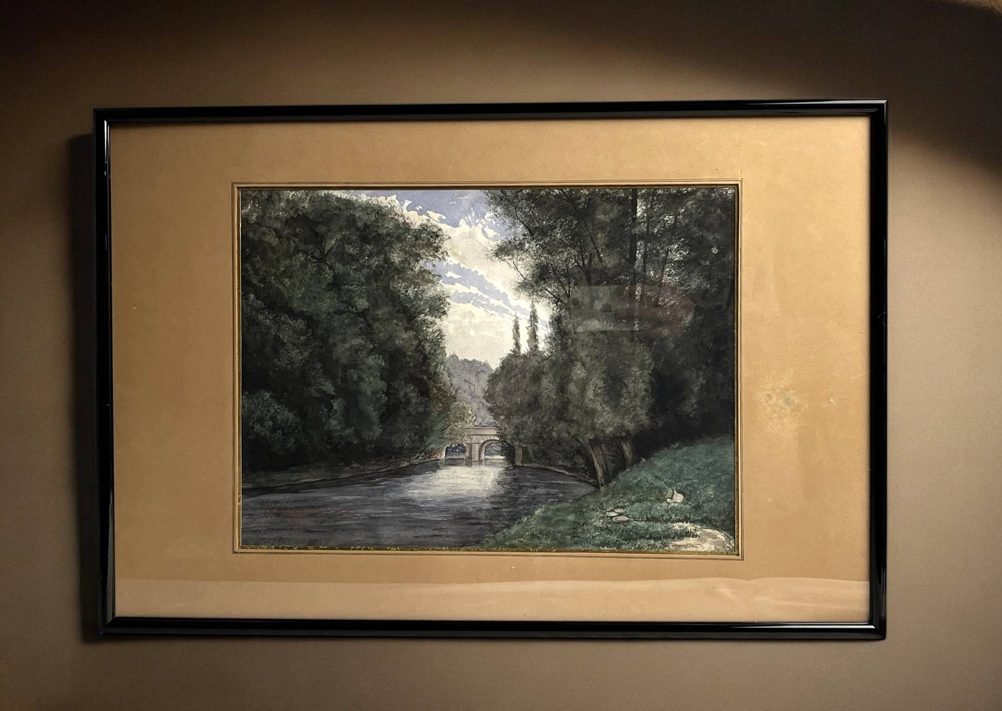 Pinet (h), watercolor landscape with bridge signed dated end of 19th century